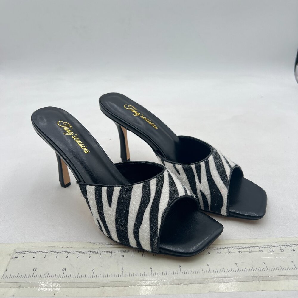 Tang'scuisins Zebra Open Square Toe Mule Sandals Slip on High Spool Heels Shoe - Picture 4 of 8